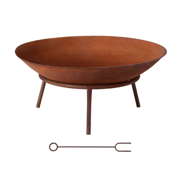 Rust-colored fire pit with stand on a white background