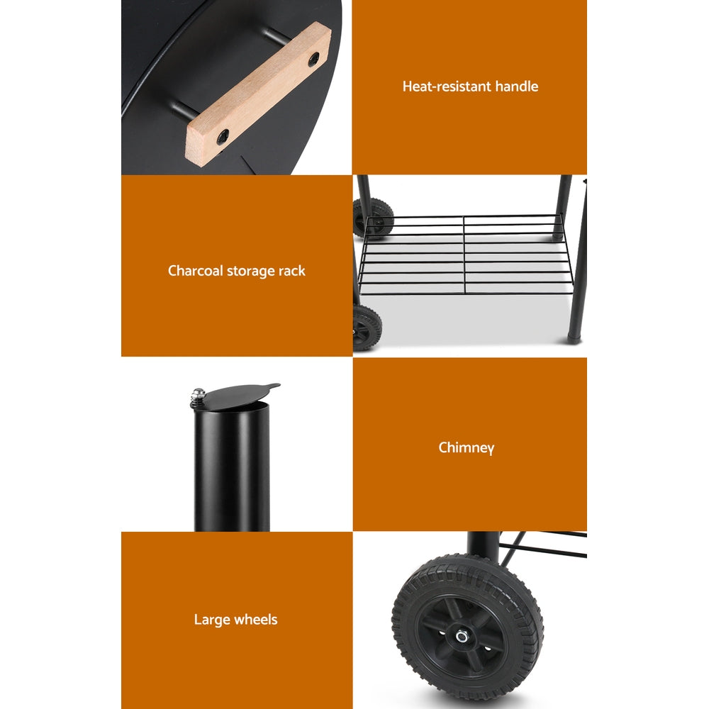 4-way close up images of different parts of the black Grillz 2-in-1 offset charcoal smoker showing heat resistant handle, charcoal storage rack, chimney and large wheel; and set on a white background.