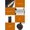 4-way close up images of different parts of the black Grillz 2-in-1 offset charcoal smoker showing heat resistant handle, charcoal storage rack, chimney and large wheel; and set on a white background.