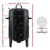 A black 3-in-1 charcoal BBQ smoker with a lid, side doors, and a front-mounted temperature gauge, showing its dimensions and set on a white background.