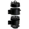 A black 3-in-1 charcoal BBQ smoker showcasing all its individual pieces including a lid, grills, side doors, and a front-mounted temperature gauge, set on a white background.