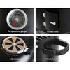 A 4-way split image showing close-up views of its temperature gauge, access door, adjustable vent and handles.