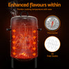 The black 3-in-1 charcoal BBQ smoker with lid, showcasing meat and sausages hanging inside it and smoking, thermostat and 6 free hooks shown as inverted images; set on a dark background.