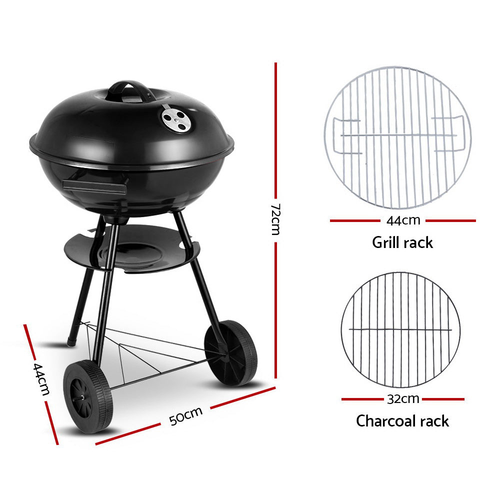 A black portable BBQ smoker with a chrome-coated steel grill, a cover, two handles, and wheels for mobility, showing its dimensions and set against a white background.