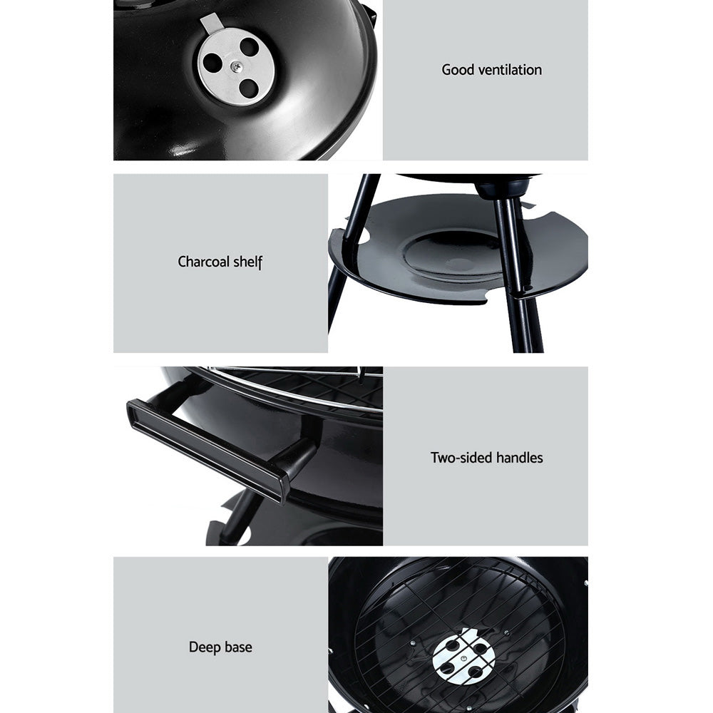 A 4-way split image showing close-up views of its charcoal shelf, deep base, good vent and two-sided handles; set on a white background.