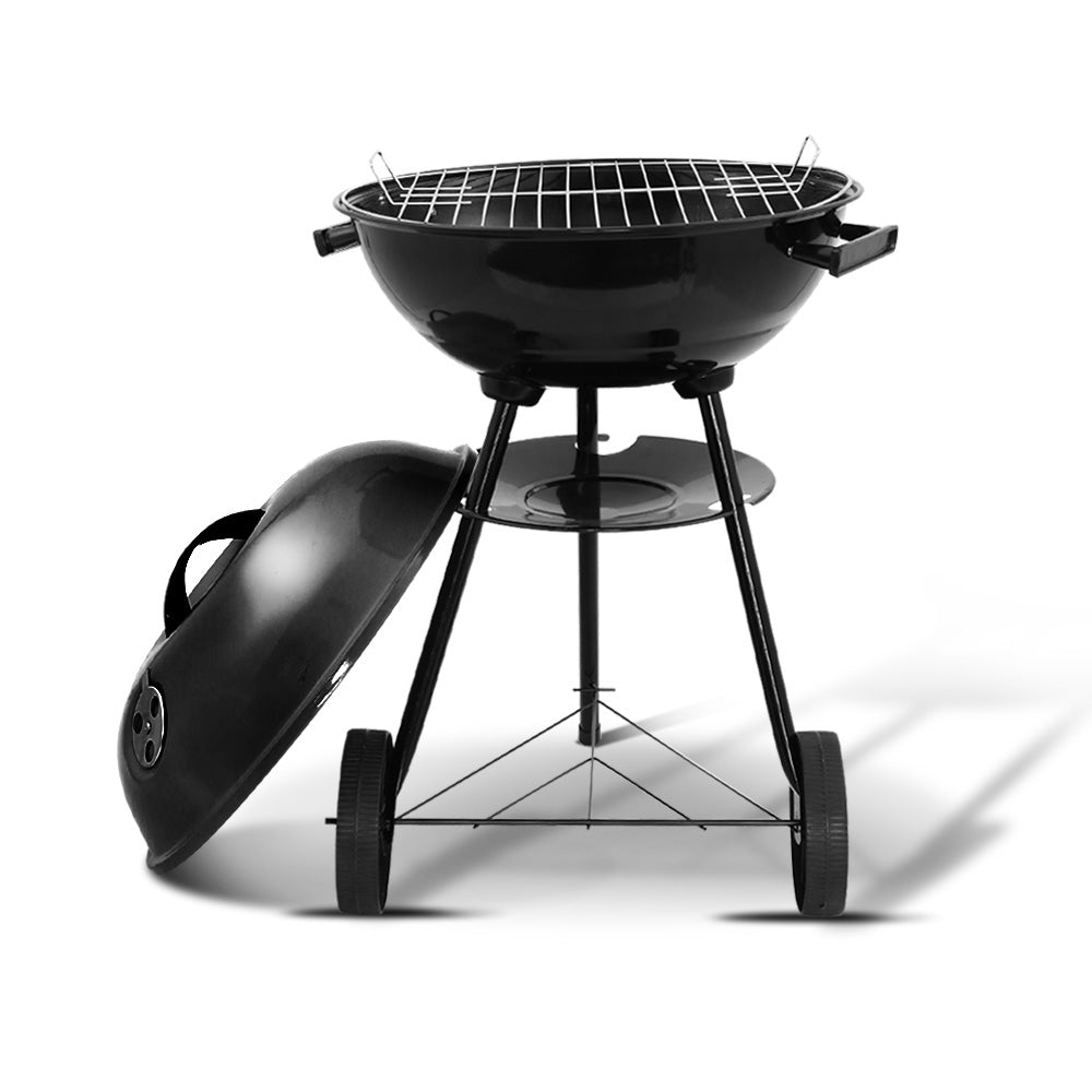 A black portable BBQ smoker with a chrome-coated steel grill, a cover, two handles, and wheels for mobility, set against a white background.