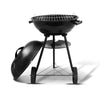 A black portable BBQ smoker with a chrome-coated steel grill, a cover, two handles, and wheels for mobility, set against a white background.