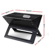 A black Grillz Foldable BBQ Grill Charcoal Smoker showing its dimensions and set on a white background.