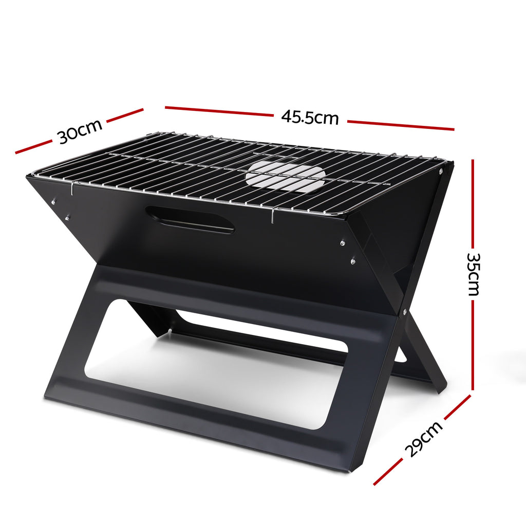 A black Grillz Foldable BBQ Grill Charcoal Smoker showing its dimensions and set on a white background.