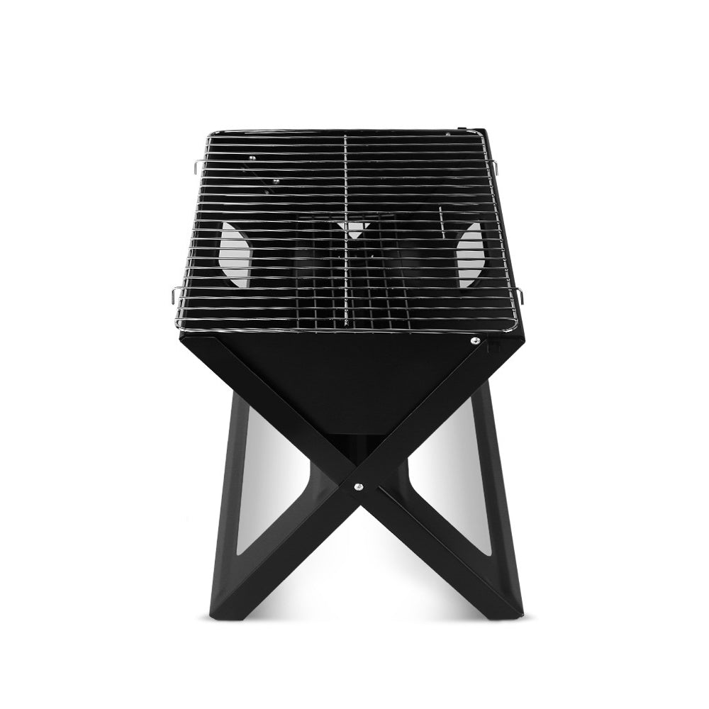 Front and top view of a black Grillz Foldable BBQ Grill Charcoal Smoker set on a white background.