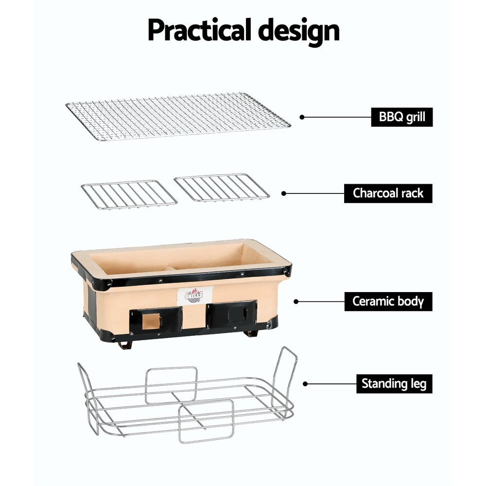 Grillz BBQ Grill Tabletop Charcoal Smoker showing separate pieces - BBQ grill, charcoal rack, ceramic body and standing leg; set on a white background.