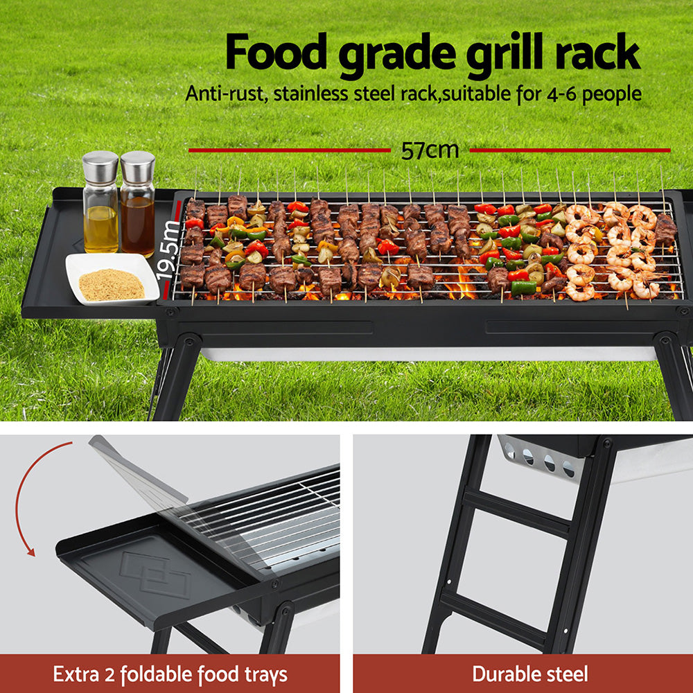 Food grade grill rack with food on a grassy background, showing dimensions and features.