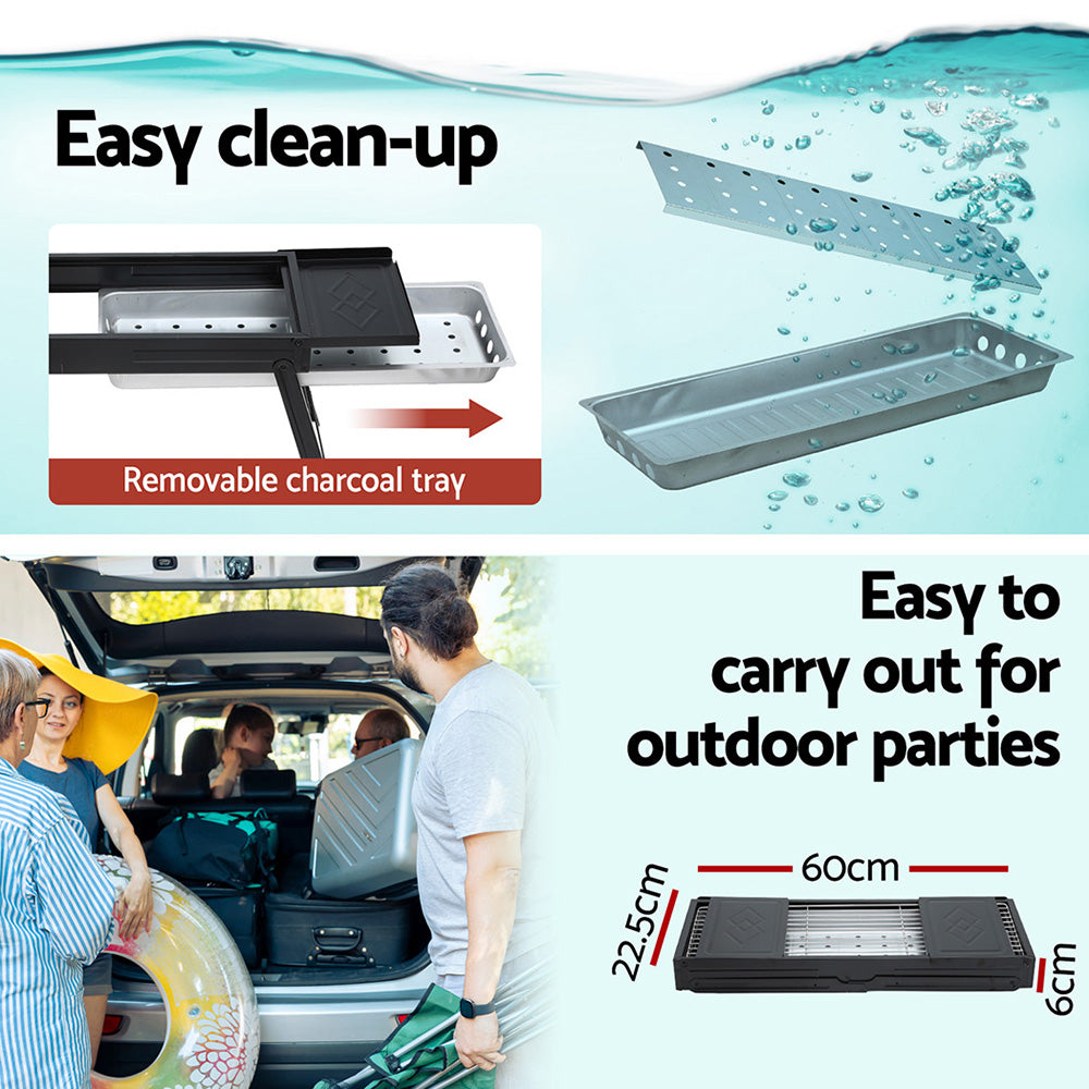 Product with removable charcoal tray for easy clean-up and carrying, shown in a car trunk with people around.