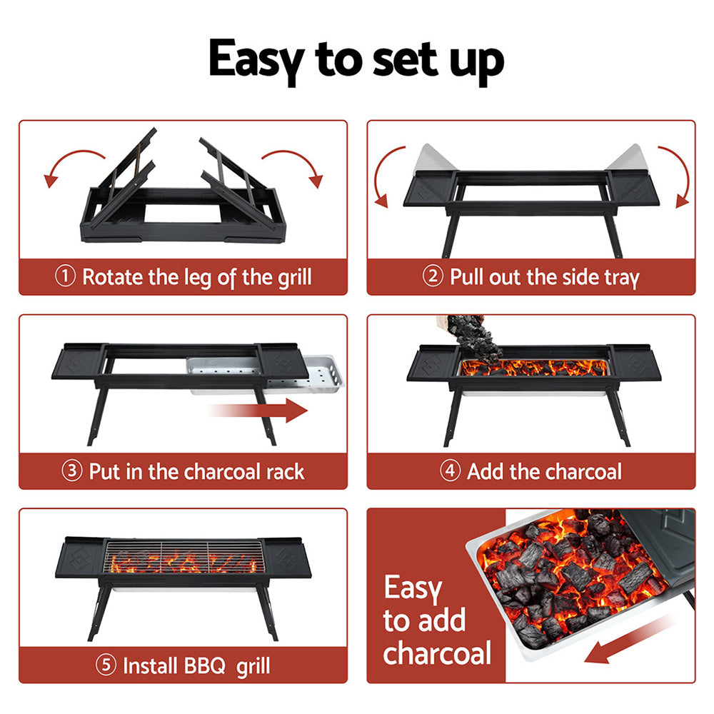 Step-by-step guide on how to set up a portable BBQ grill with text and images.