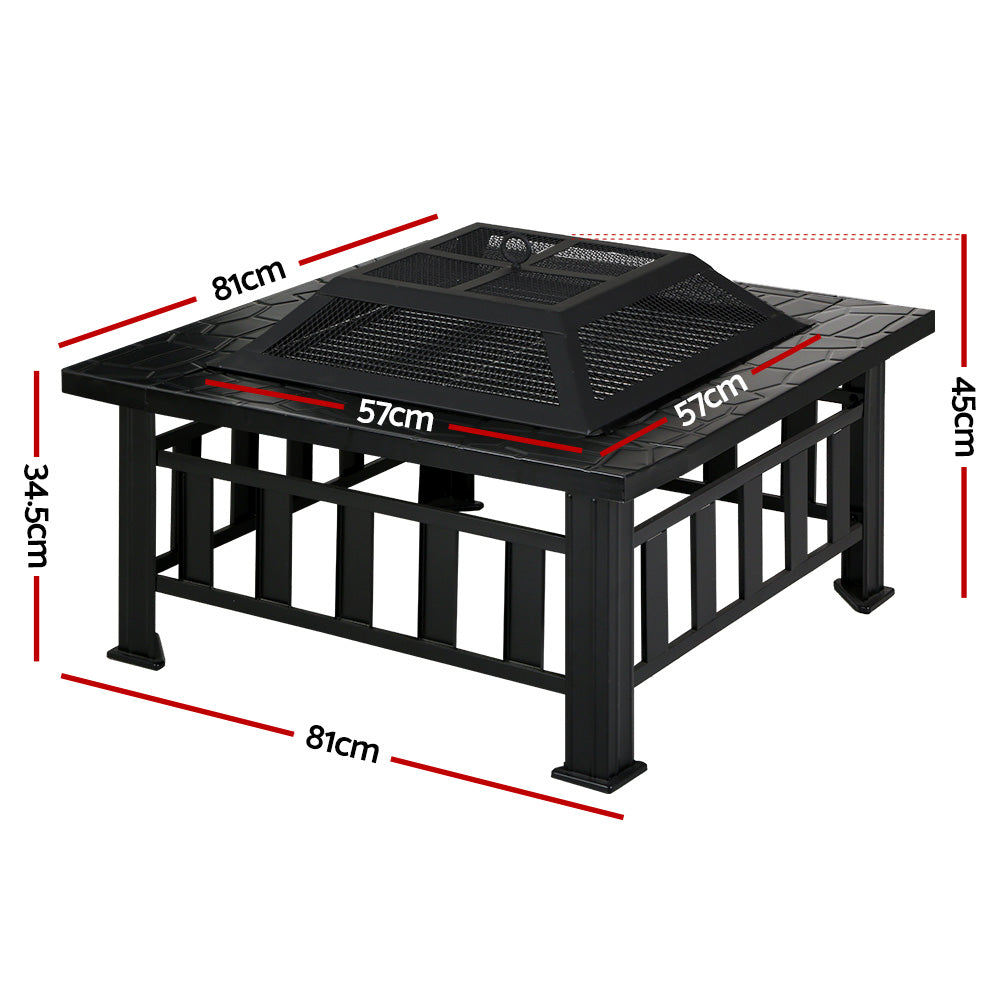A black 2-in-1 steel fire pit/BBQ grill outdoor table with a geometric pattern on the tabletop and a mesh dome on top, showing its dimensions and set in a white background.