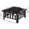 A black 2-in-1 steel fire pit/BBQ grill outdoor table with a geometric pattern on the tabletop and a mesh dome on top, showing its dimensions and set in a white background.