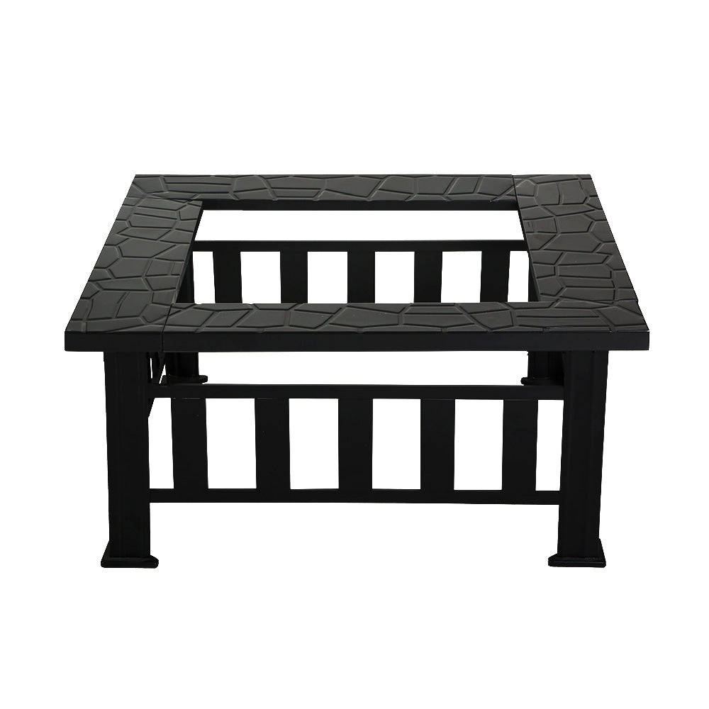 An outdoor table with a geometric pattern on the tabletop for a BBQ grill set in a white background.