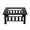 An outdoor table with a geometric pattern on the tabletop for a BBQ grill set in a white background.