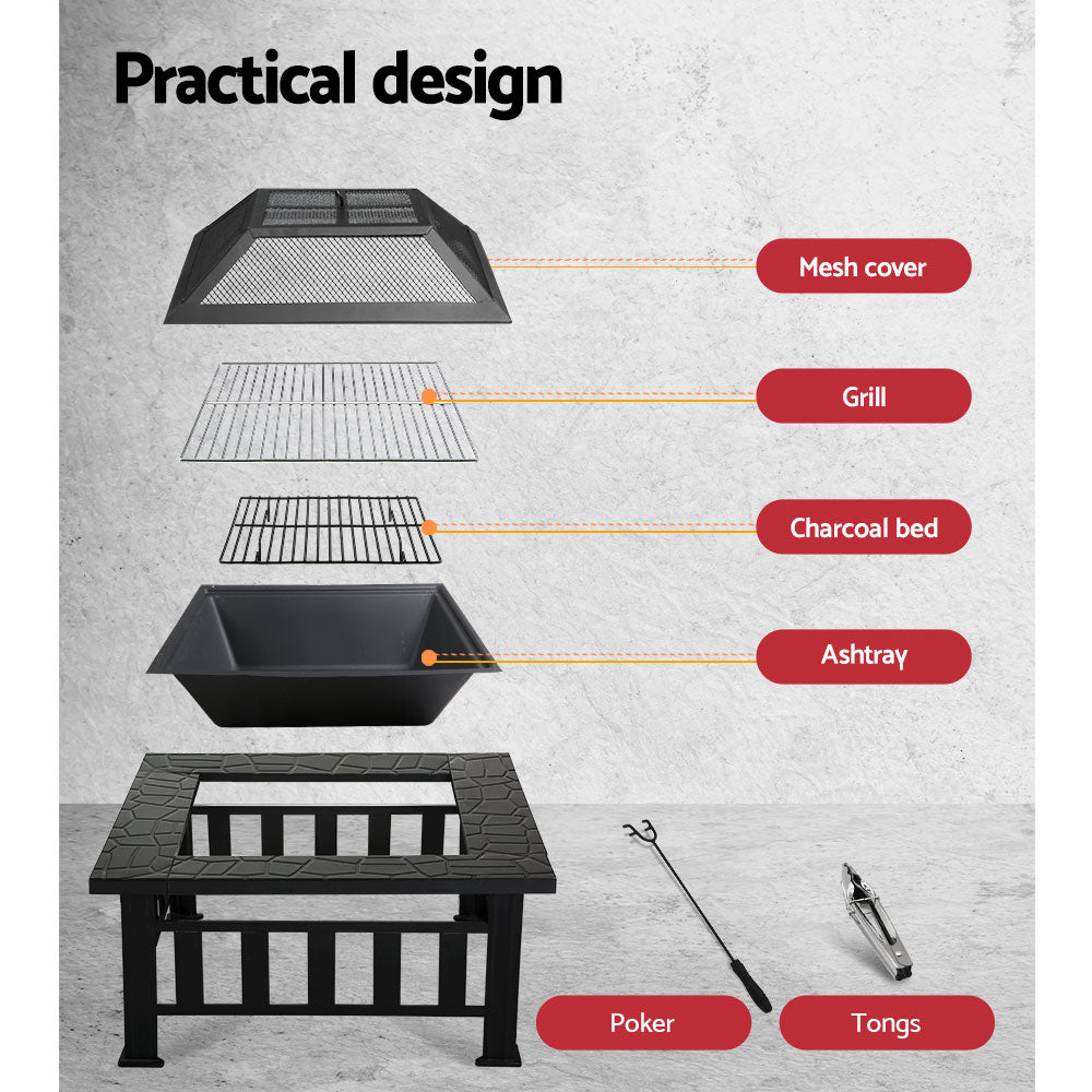 Individual pieces of a black 2-in-1 steel fire pit/BBQ grill outdoor table - mesh cover, grill, charcoal bed, ashtray, table, poker and tongs, all set in a grey background.