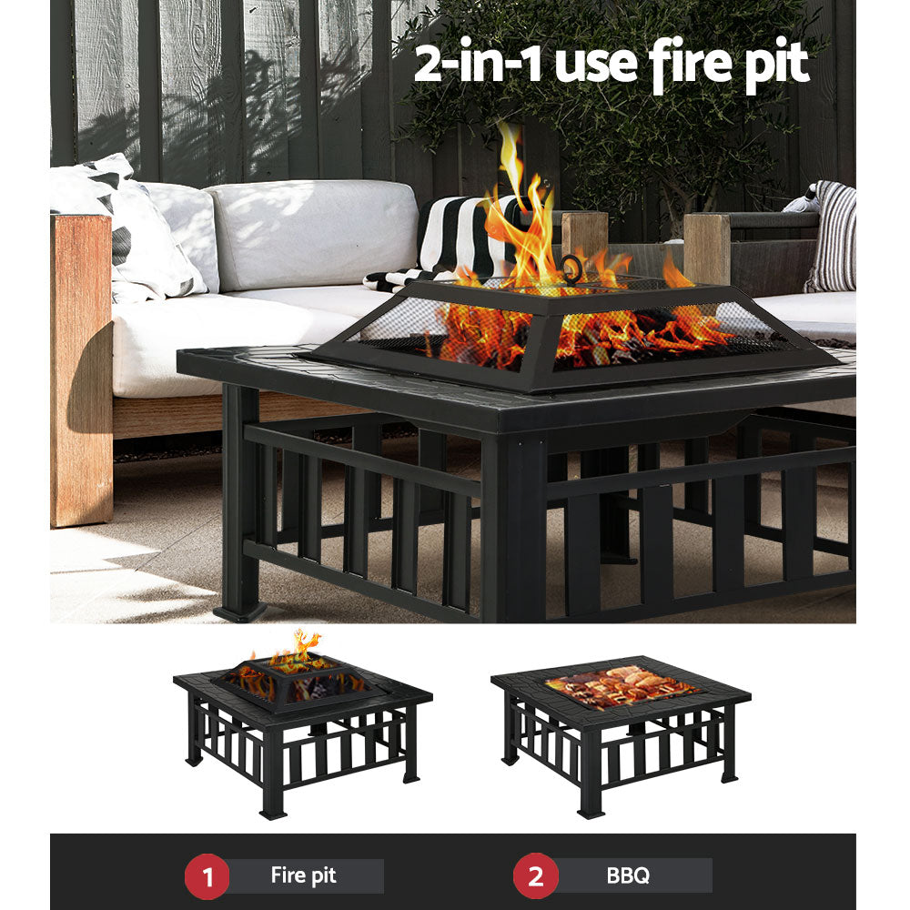Black 2-in-1 use fire pit with a geometric pattern on the tabletop and a mesh dome on top in a patio setting with a fire burning. Two inset images below showcasing it being used as both a fire pit and a BBQ.