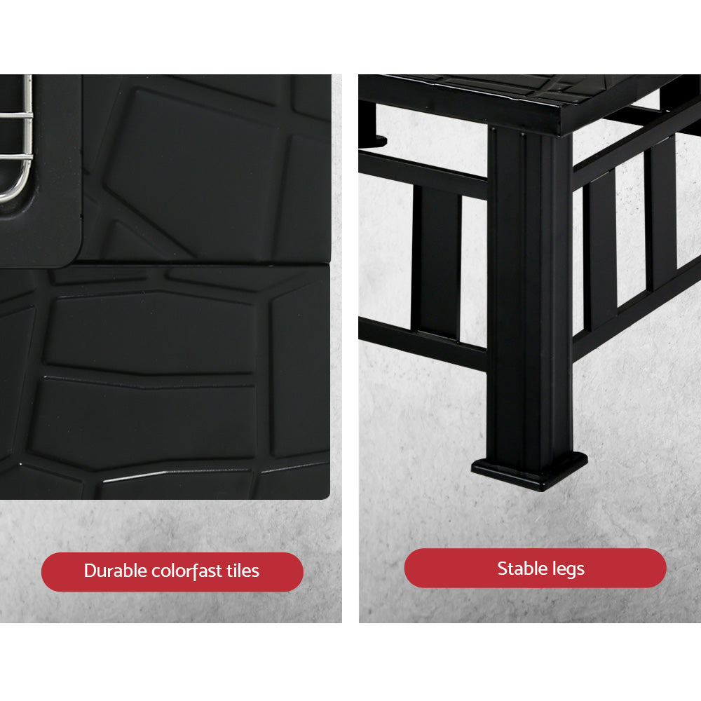 2-way split close-up images of the table from a 2-in-2 firepit, showcasing its durable colourfast tiles and stable legs.