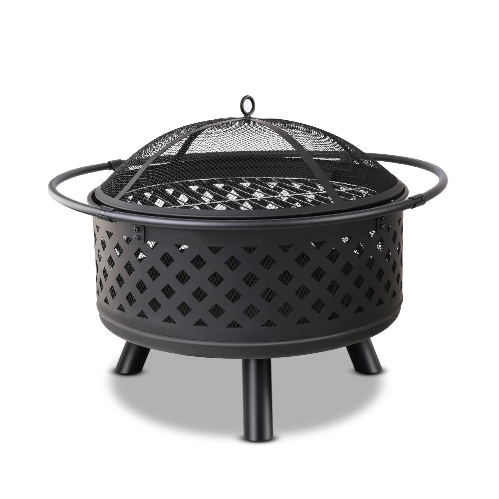 A black steel fire pit BBQ grill with a geometric pattern and a visible brand logo on the side.