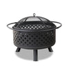 A black steel fire pit BBQ grill with a geometric pattern and a visible brand logo on the side.