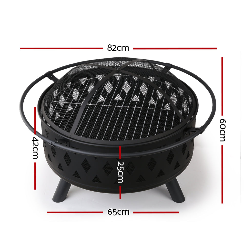 A black round fire pit grill with a mesh lid and steel construction, designed for outdoor use, showing its dimensions and set on a white background.