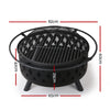 A black round fire pit grill with a mesh lid and steel construction, designed for outdoor use, showing its dimensions and set on a white background.