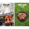 A 2-way split image of a portable black fire pit, one with a group of people gathered around a fire and having cheers with their beers and wines, the other picture is of the same firepit grilling steak, sausages, kebabs and tomatoes, set on a grass area.