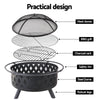 Image showing individual parts of a portable black fire pit, which are all labelled - mesh dome lid, BBQ grill, charcoal rack, steel frame with safety rim and foldable legs, and set against a white background.