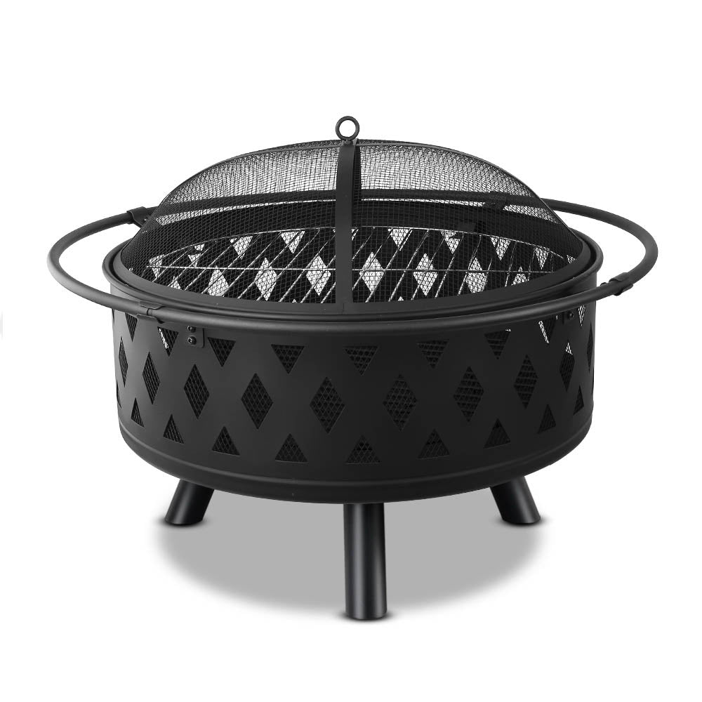 A black round fire pit grill with a mesh lid and steel construction, designed for outdoor use set on a white background.