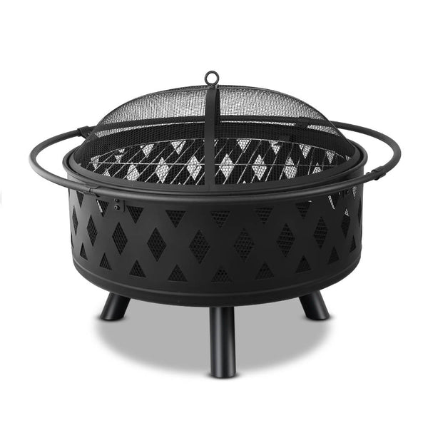 A black round fire pit grill with a mesh lid and steel construction, designed for outdoor use set on a white background.