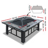 A 3-in-1 rectangular steel fire pit/BBQ grill outdoor table with grey tiles on the tabletop and a mesh dome on top with a poker showing its measurements and set in a white background.