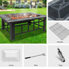 A 6-way split images of an outdoor rectangle fire pit BBQ grill with a grey finish cooking meats in a garden setting. Other images are close-ups of its mesh dome, ice tray, grilling plate, poker, and tongs set in white backgrounds.