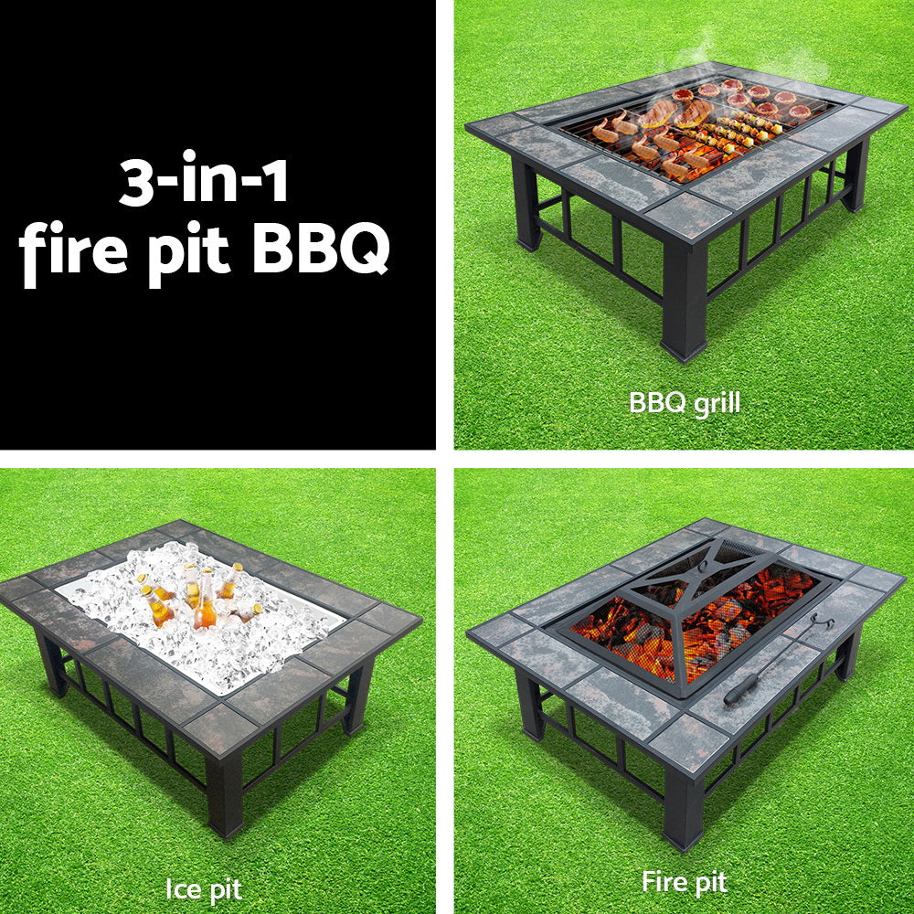 A 4-way split images of an outdoor fire pit with a grey tiled table finish. The first image with the text 3-in-1 firepit BBQ, an image of it cooking some meat products, one being used burning a fire, one being used as a drinks cooler filled with ice and drinks, all set on green grass. 