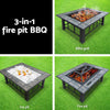 A 4-way split images of an outdoor fire pit with a grey tiled table finish. The first image with the text 3-in-1 firepit BBQ, an image of it cooking some meat products, one being used burning a fire, one being used as a drinks cooler filled with ice and drinks, all set on green grass. 