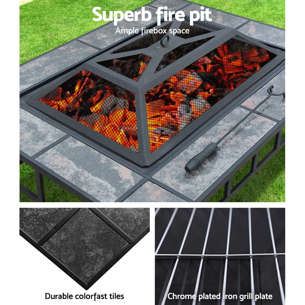 3-way split images of an outdoor fire pit BBQ grill with a grey finish and mesh dome with a fire burning, other images include ceramic tiles on a white background and close-up image of a chrome plated grill plate.