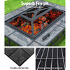 3-way split images of an outdoor fire pit BBQ grill with a grey finish and mesh dome with a fire burning, other images include ceramic tiles on a white background and close-up image of a chrome plated grill plate.