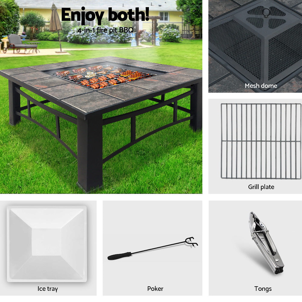 A 6-way split images of an outdoor fire pit BBQ grill with a grey finish cooking meats in a garden setting. Other images are close-ups of its mesh dome, ice tray, grilling plate, poker, and tongs set in white backgrounds.