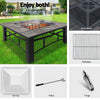A 6-way split images of an outdoor fire pit BBQ grill with a grey finish cooking meats in a garden setting. Other images are close-ups of its mesh dome, ice tray, grilling plate, poker, and tongs set in white backgrounds.