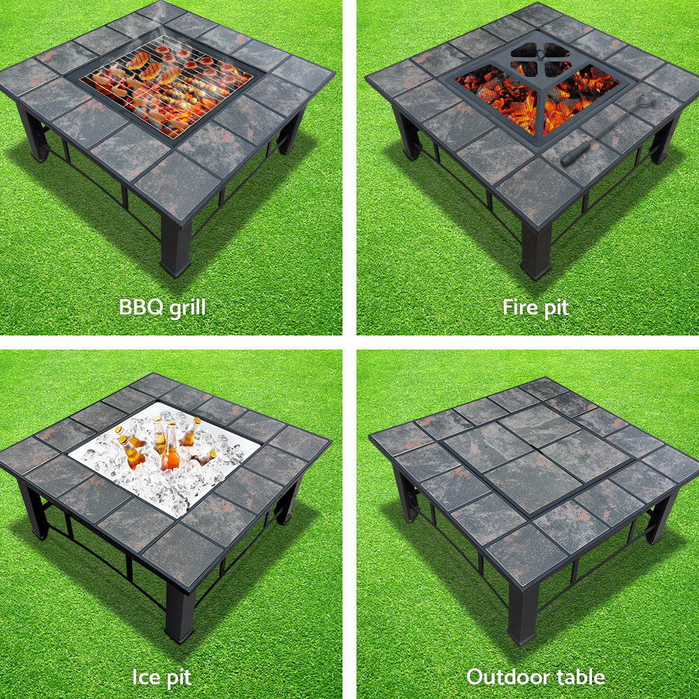 A 4-way split images of an outdoor fire pit/BBQ with a grey tiled table finish. One image of it cooking some meat products, one showing it being used burning a fire, one being used as a drinks cooler filled with ice and drinks, and the other just as a table, all are set on a grassed area.