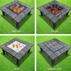 A 4-way split images of an outdoor fire pit/BBQ with a grey tiled table finish. One image of it cooking some meat products, one showing it being used burning a fire, one being used as a drinks cooler filled with ice and drinks, and the other just as a table, all are set on a grassed area.