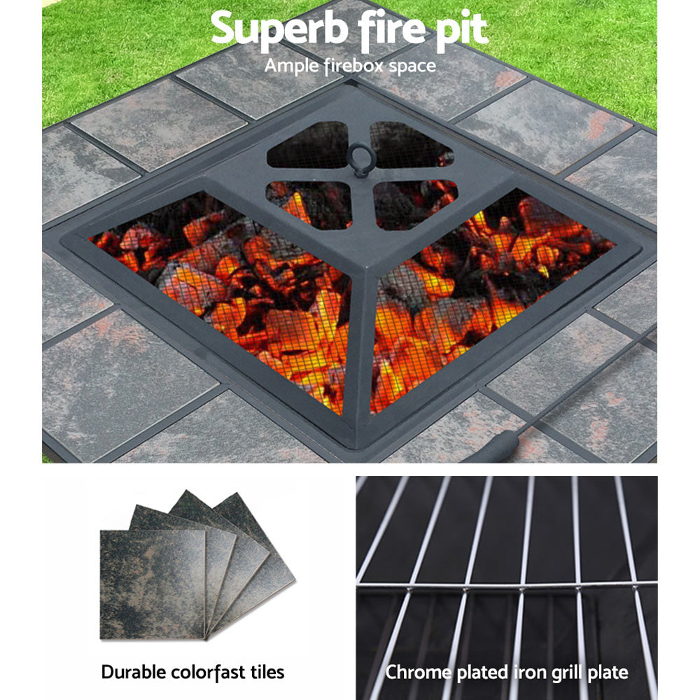 3-way split images of an outdoor fire pit BBQ grill with a grey finish and mesh dome with a fire burning, other images include 4 ceramic tiles on a white background and close-up image of a chrome plated grill plate.