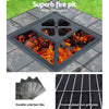 3-way split images of an outdoor fire pit BBQ grill with a grey finish and mesh dome with a fire burning, other images include 4 ceramic tiles on a white background and close-up image of a chrome plated grill plate.