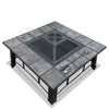 An outdoor fire pit BBQ grill with a grey finish, featuring a mesh dome, ice tray, and a BBQ grilling rack on top, set on a black steel frame with ceramic tiles on a white background.