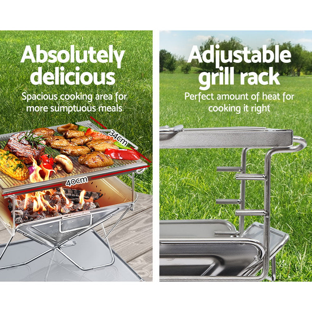 A 2-way split image showcasing Grillz gas BBQs dimensions of the stainless-steel grill rack with steak, sausage, chicken wings and vegetables cooking on a table in a garden setting and the other image being a close-up  showcasing the adjustable grill rack, also in a garden setting.