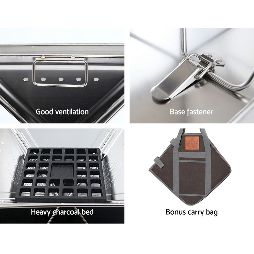 A 4-way split image showing close-up images of a Grillz BBQs good ventilation, its base fastener in silver, heavy charcoal bed, and bonus carry bag; all set on white backgrounds.
