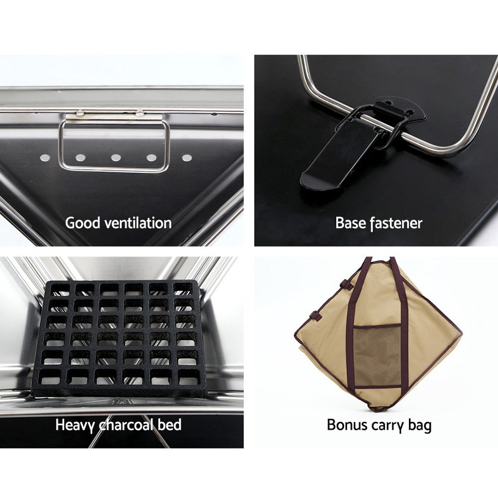A 4-way split image showing close-up images of a Grillz BBQs good ventilation, its base fastener in black, heavy charcoal bed, and bonus carry bag; all set on white backgrounds.