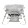 A portable stainless steel fire pit BBQ grill with its adjustable grill rack set in a higher position on a white background.